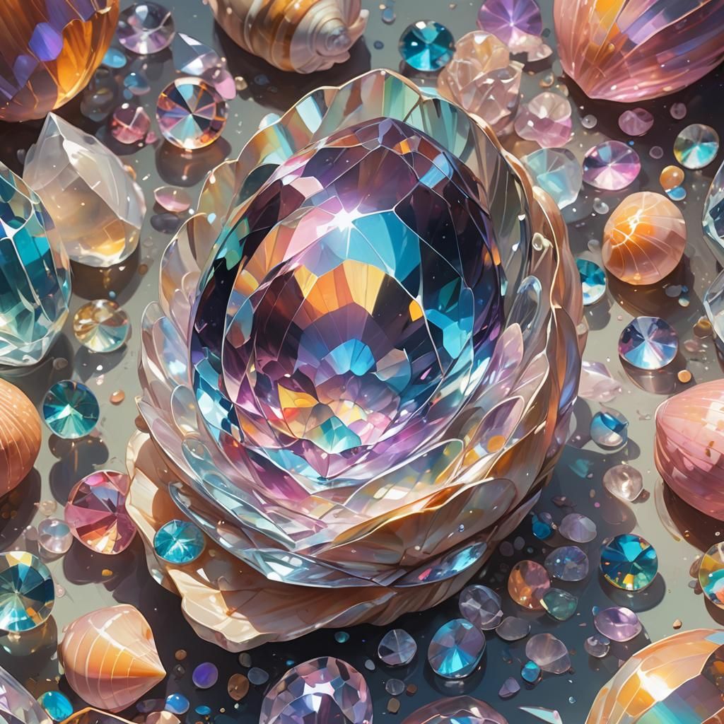 Mystical Crystal Inside Vibrant Shell, Digital Art