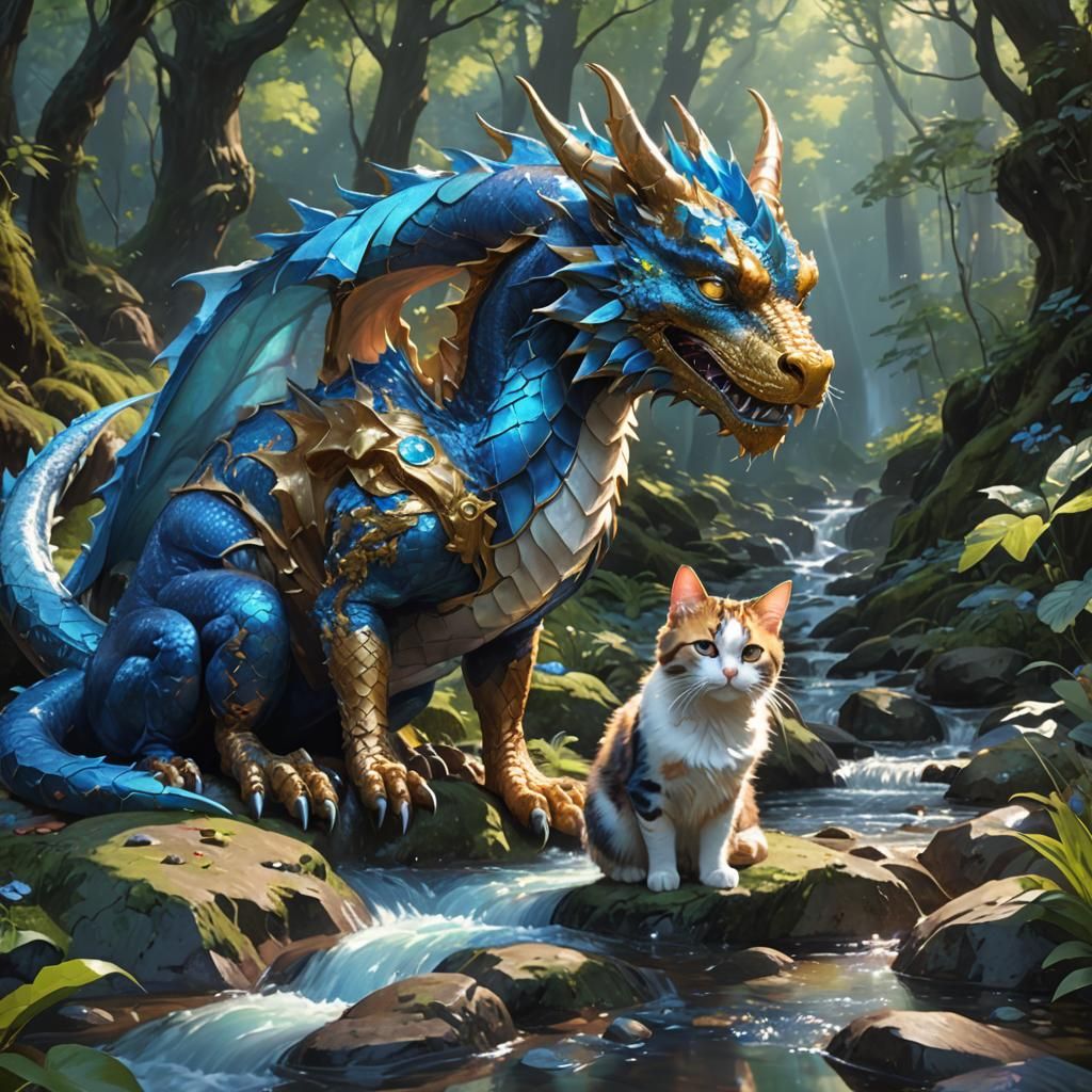 Blue Dragon and Calico Cat Portrait in Hyperdetailed Style
