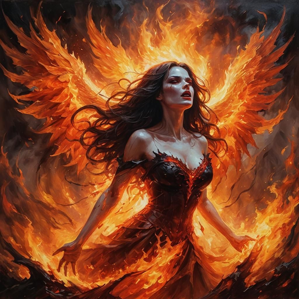 Infernal Vampire Rising as Phoenix: Oil Painting