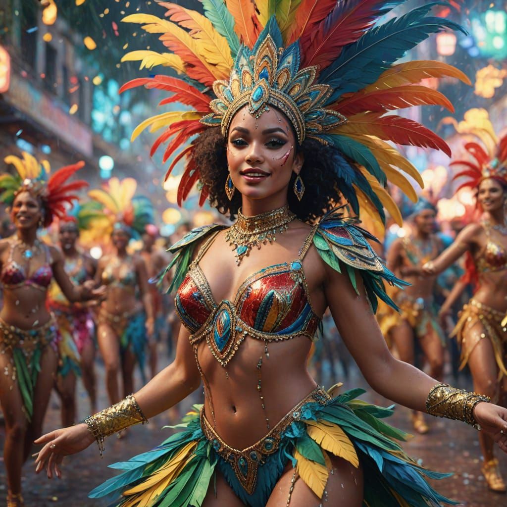 Vibrant Carnival Dancers in Electric Brazilian Celebration