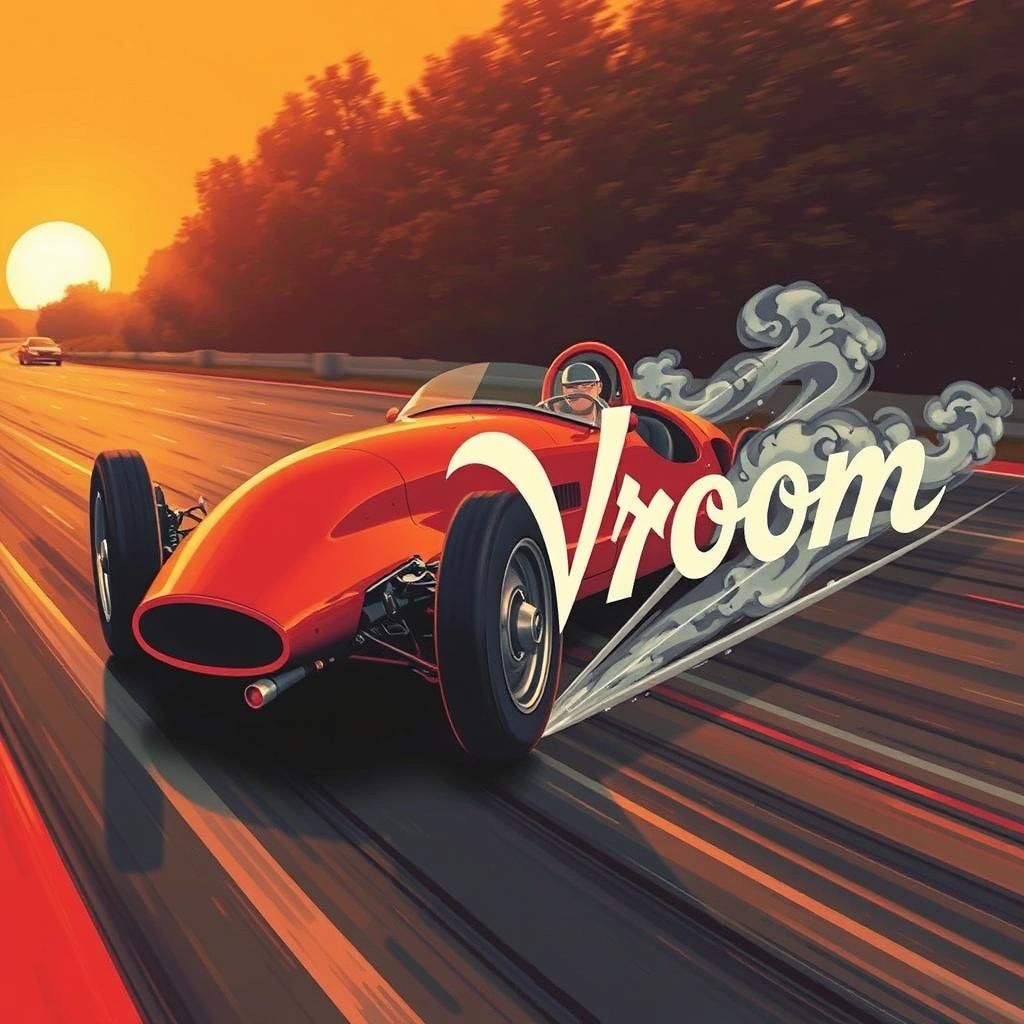 Vintage Race Car with Smoke 'Vroom' in Tech-Noir Style