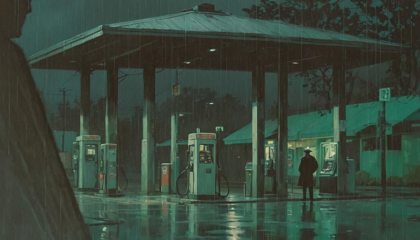 Noir Gas Station Painting on Rainy Night