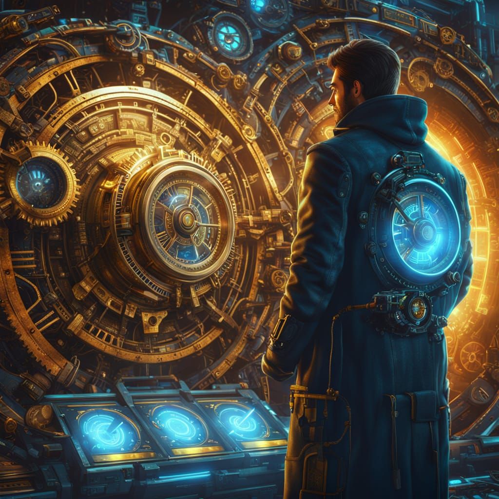 Time Traveler and Steampunk Time Machine in Sci-Fi Art