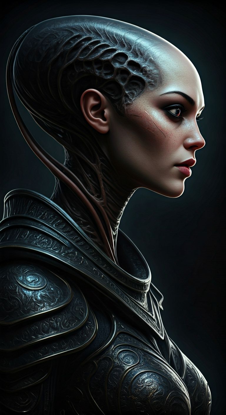 Woman with Xenomorph Features in Dark Armor