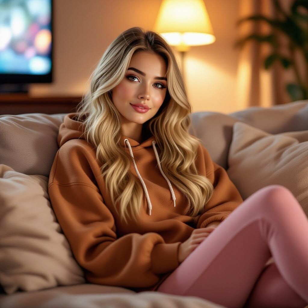 Woman in Hoodie Watching TV, Art Nouveau Style