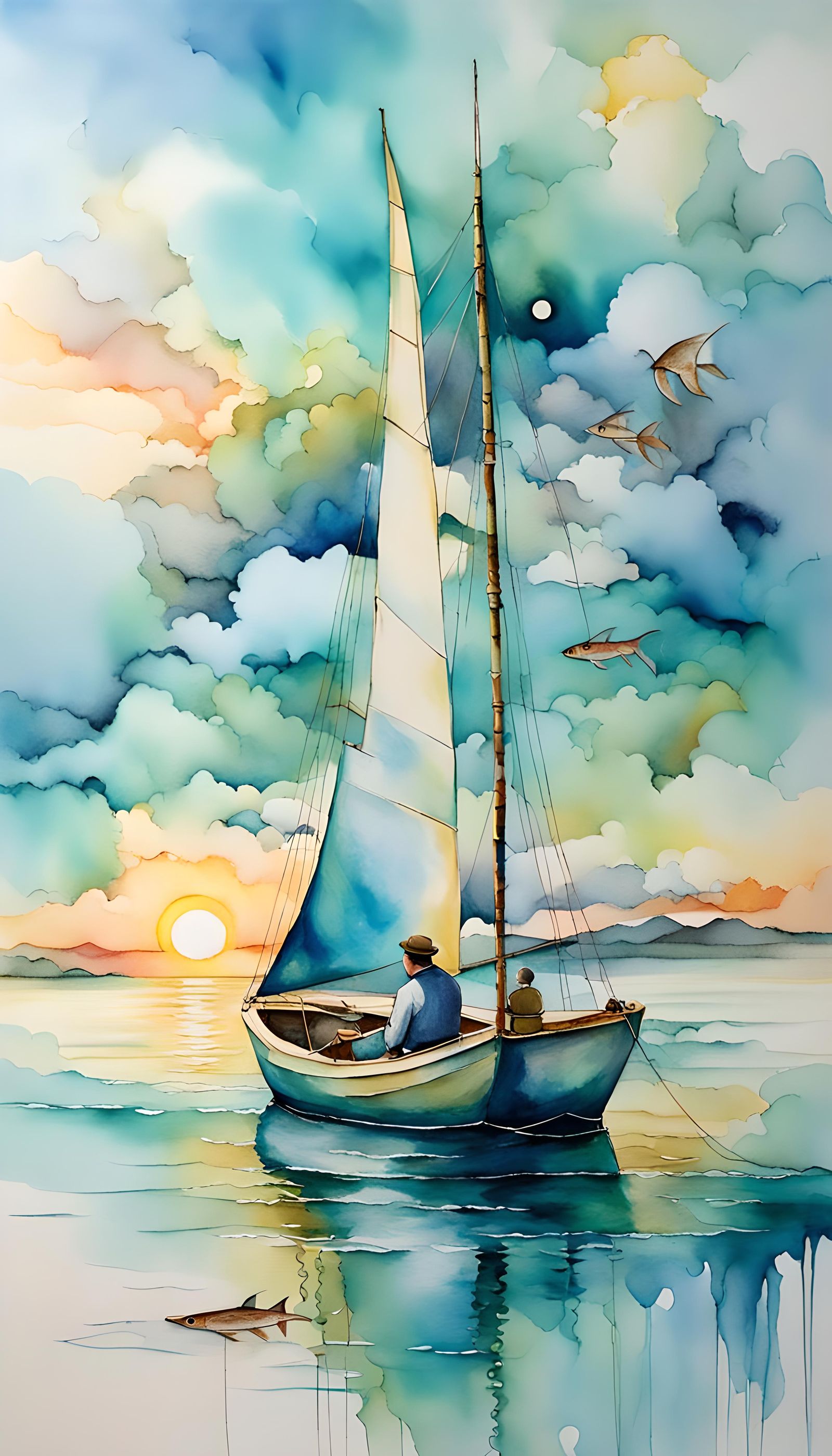 Alcohol Ink Sailboat Scene with Fisherman