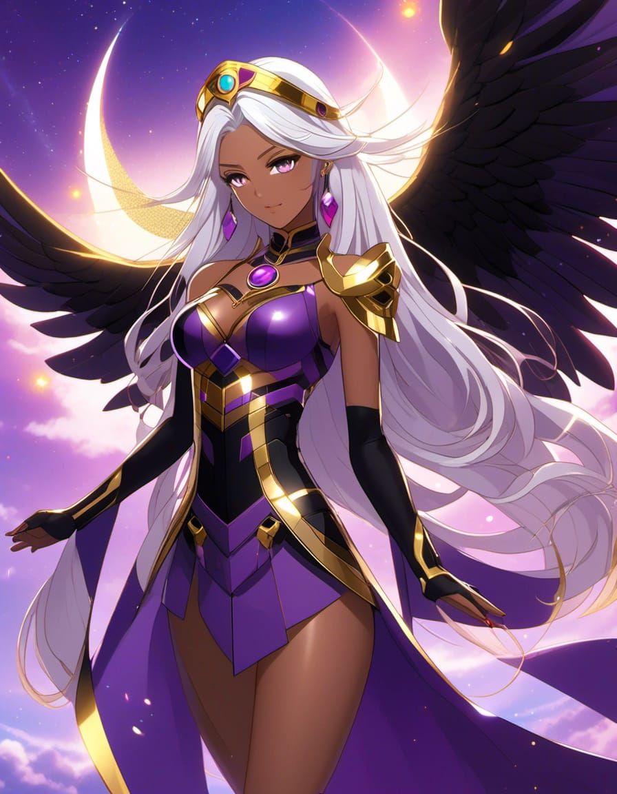 Anime Goddess URD, long white hair, medium brown skin tone, deep purple eyes, inverted purple triangle mark on forehead,...