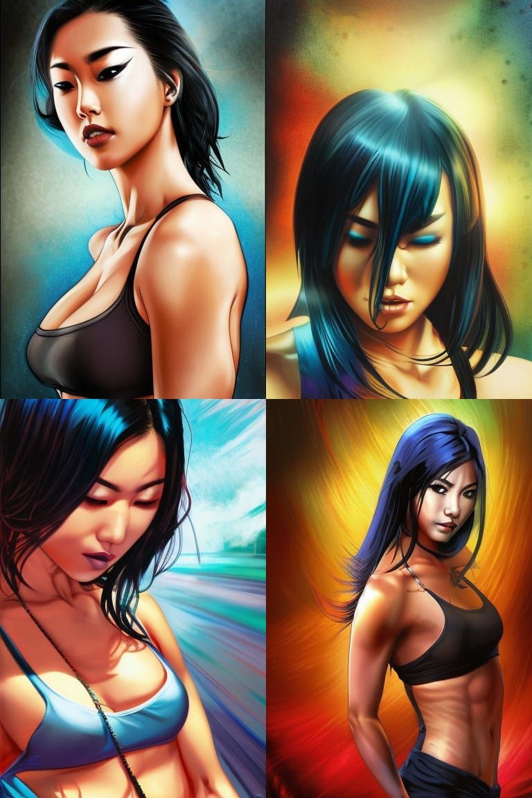 Athletic Asian Woman in Splash Art Style