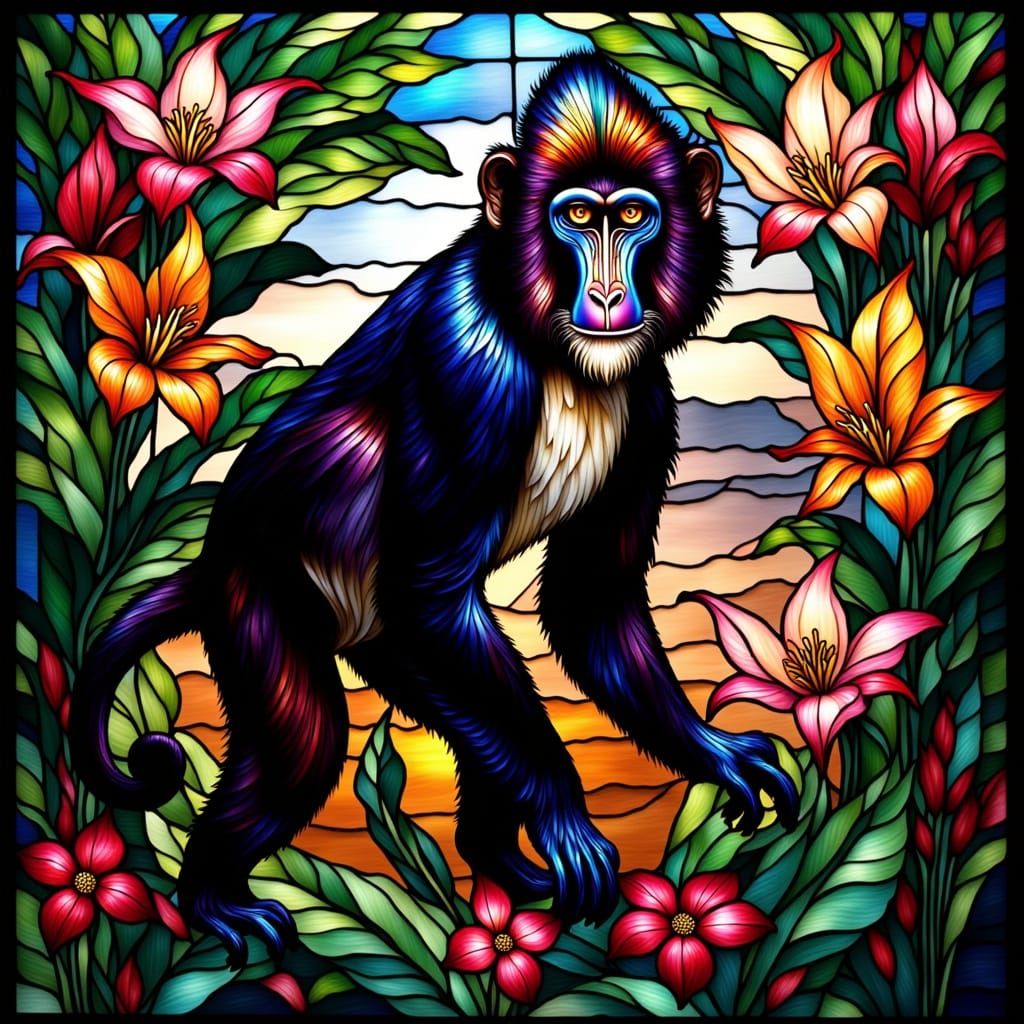 Stained Glass Mandrill in Tropical Flora