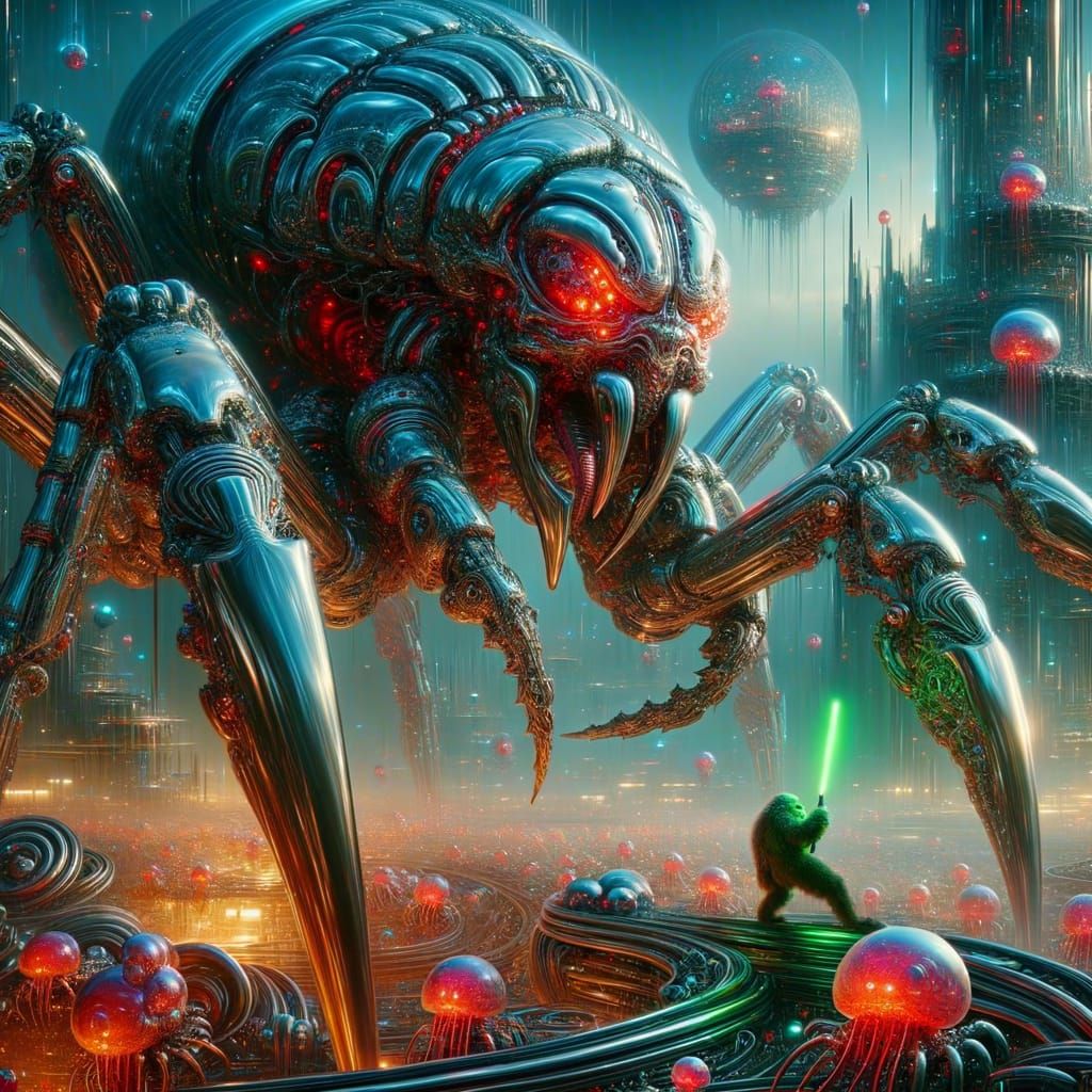 Cyberpunk Gorilla vs Metallic Scorpion in Sci-Fi City