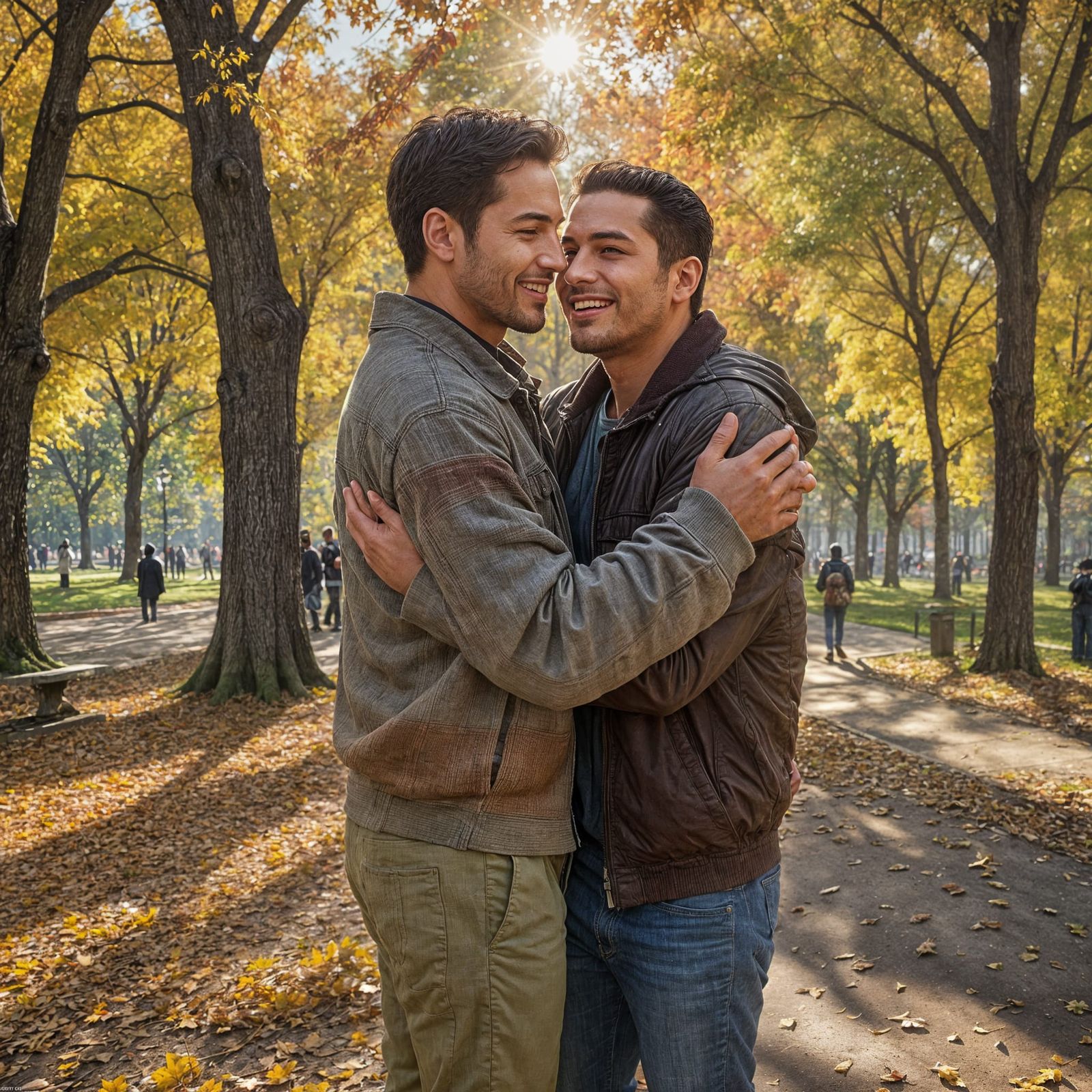 Latino Men Embrace in Autumn Park: Detailed Portrait