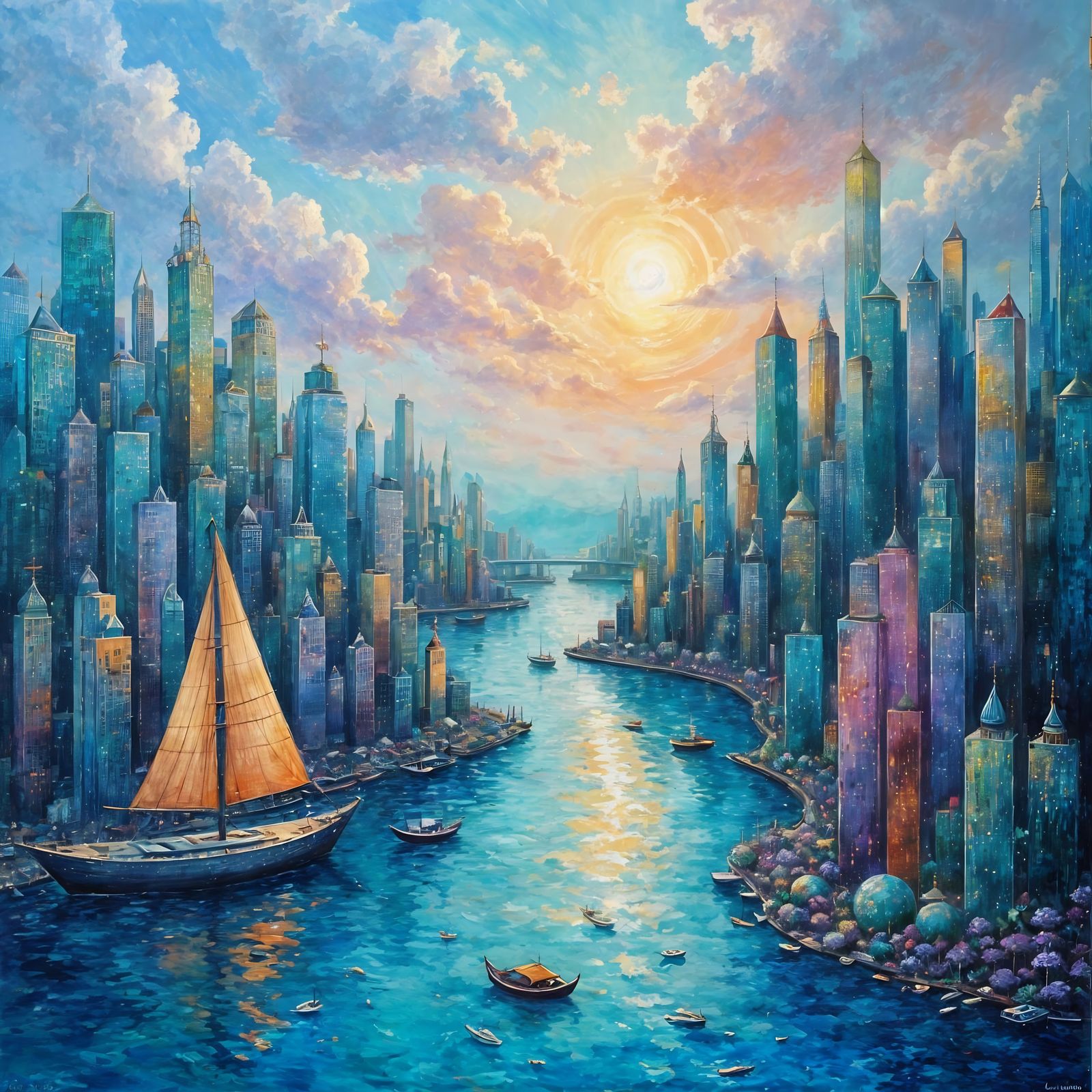 Sea Glass Cityscape: Iridescent Towers and Liquid Light