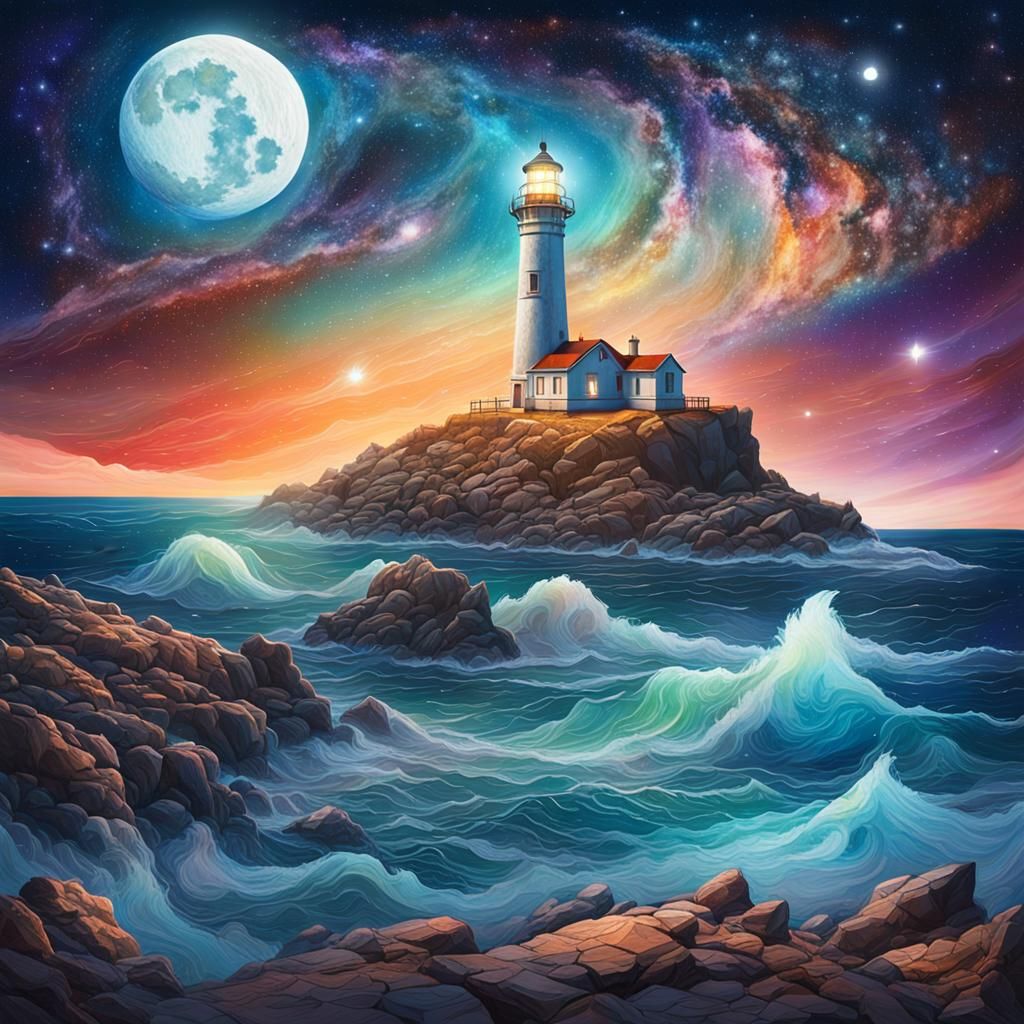 Cosmic Lighthouse Under Astral Sky