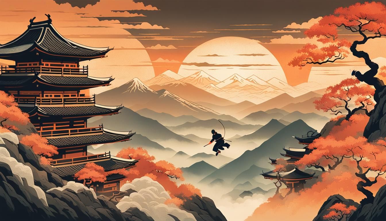 Samurai Duel in Ukiyo-e Style at Sunset