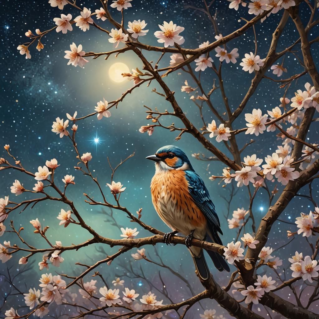 Bird on Spring Tree Branch, Post-Impressionist Style