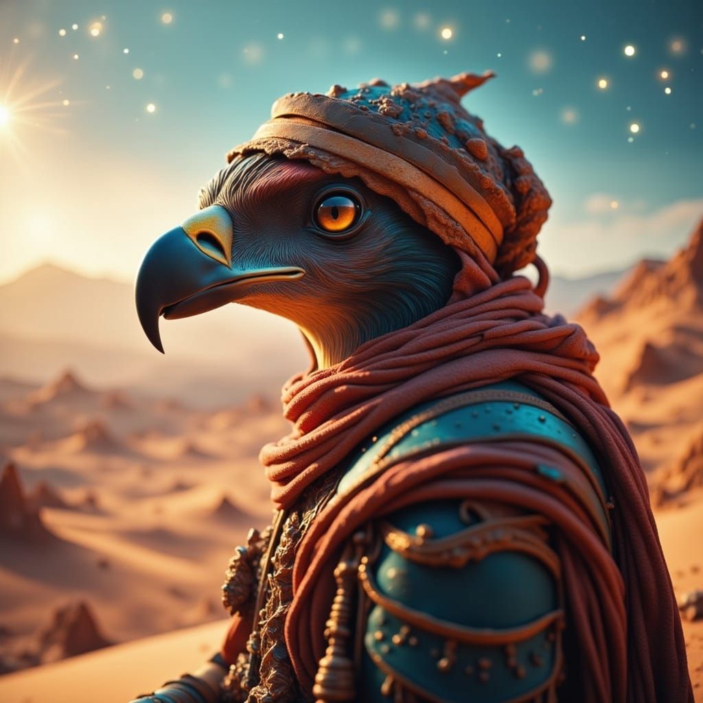 Bayek of Siwa with Falcon in Misty Egyptian Desert