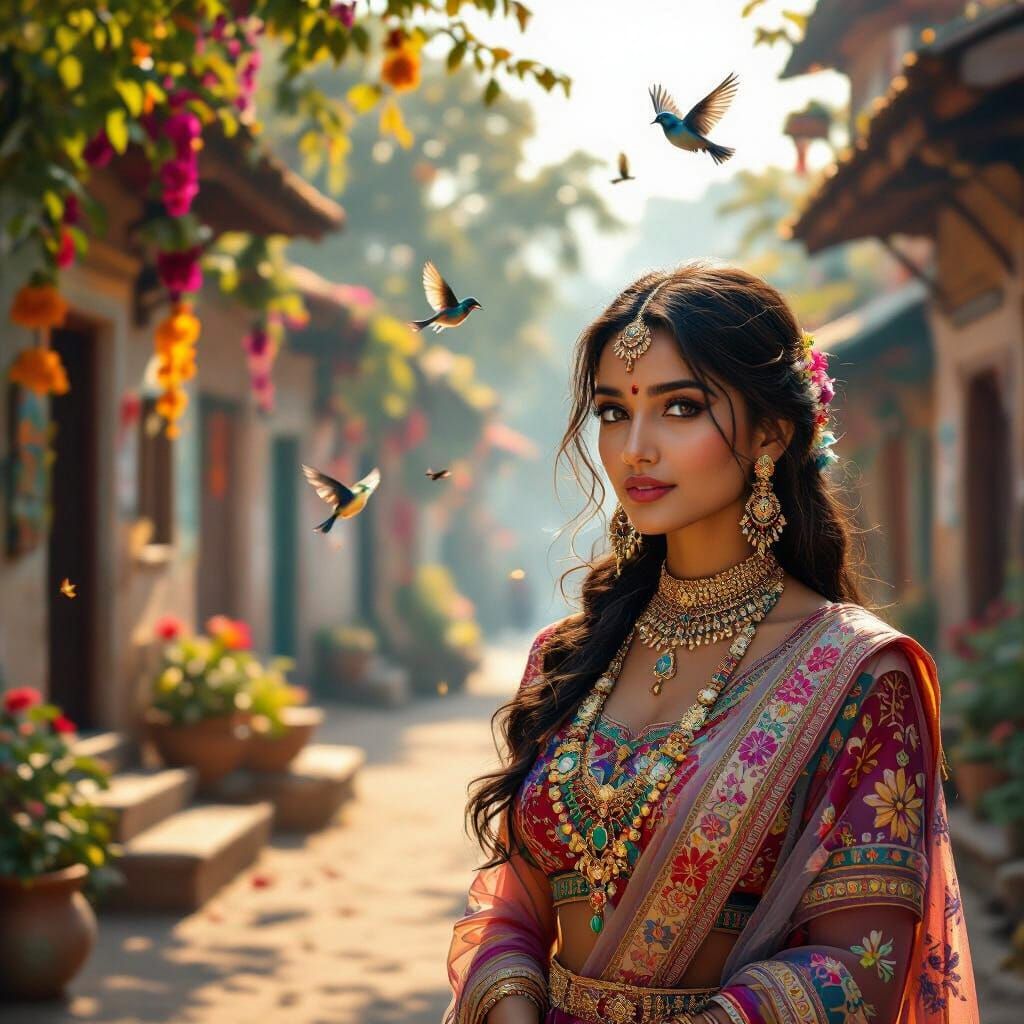 Peaceful Indian Street Scene with Woman in Sunlight