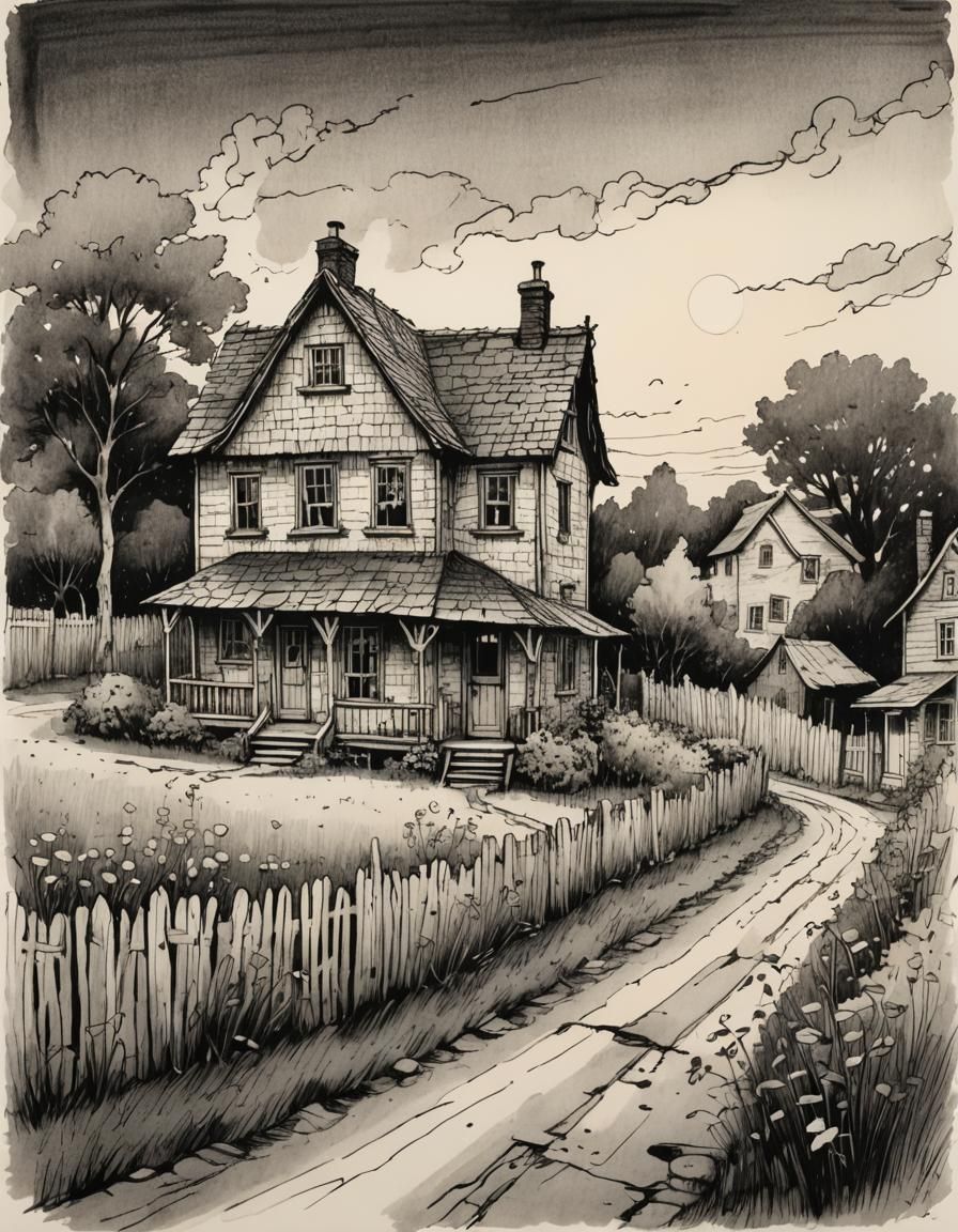 Charming Ink Illustration of an Imperfect Two-Story House