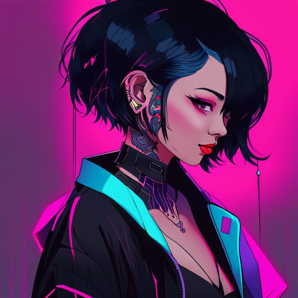 Gothic Asian Woman Portrait in Cyberpunk Style