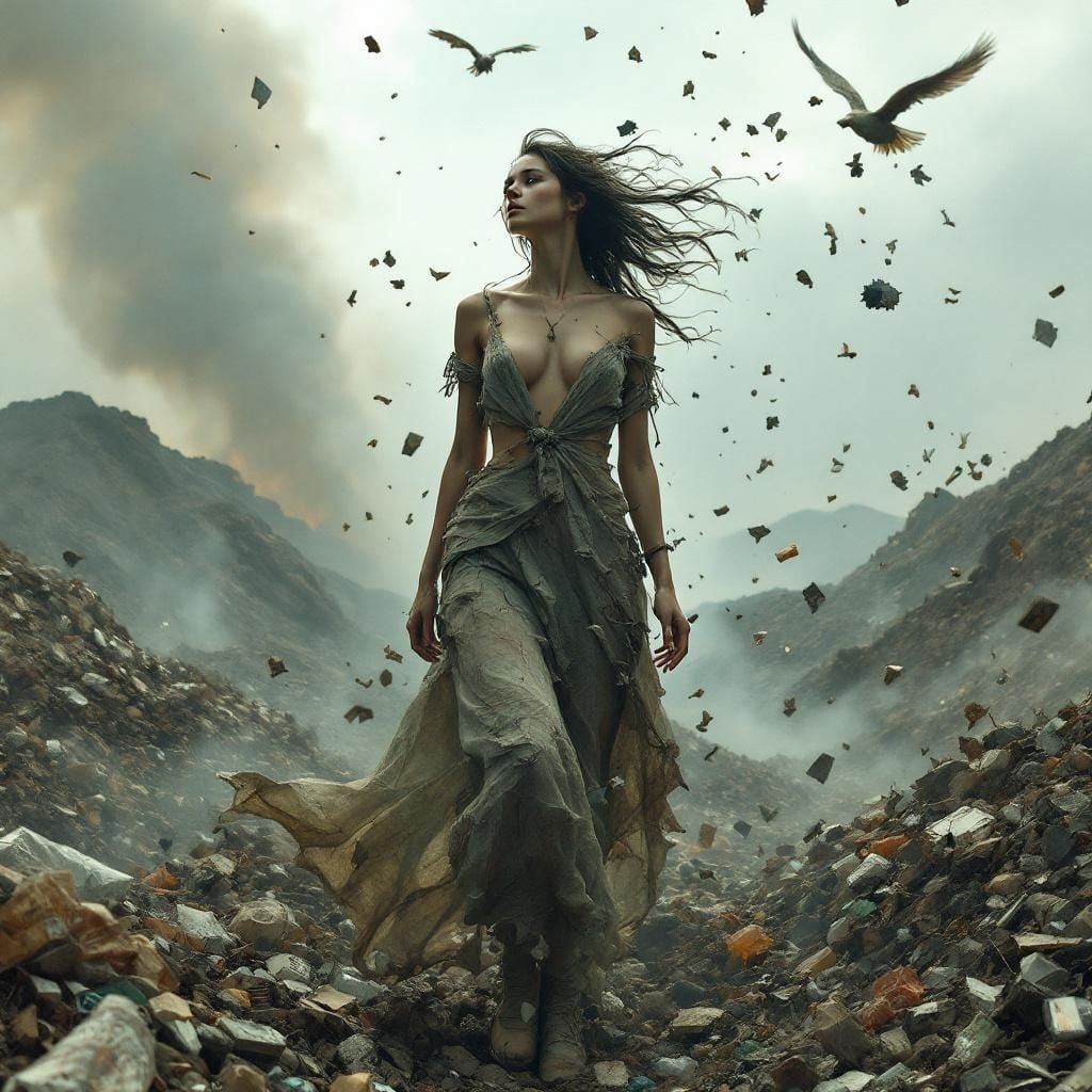 Ethereal Figure Emerges from Smoldering Landfill