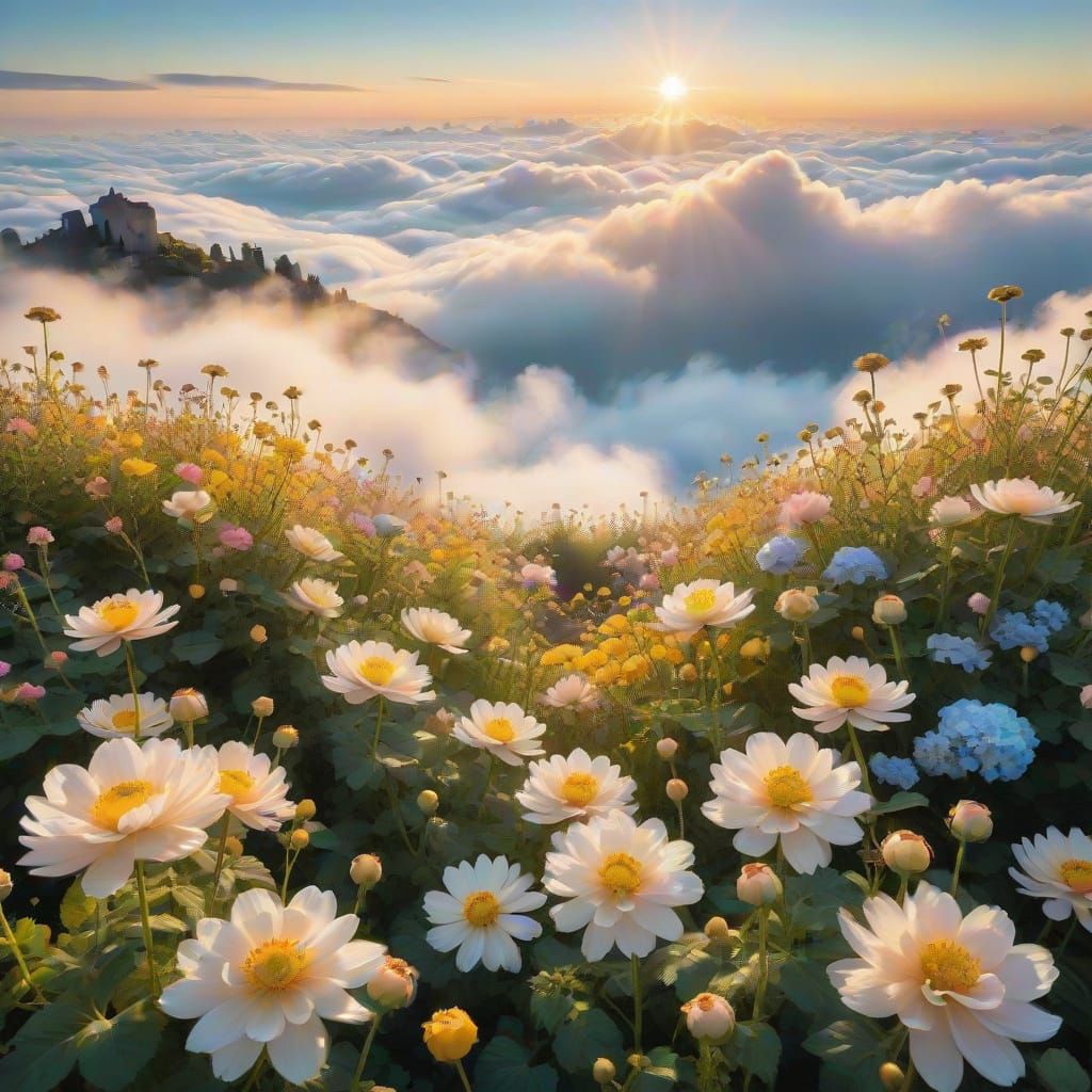 Dreamlike Floating Garden in Golden Sunlight