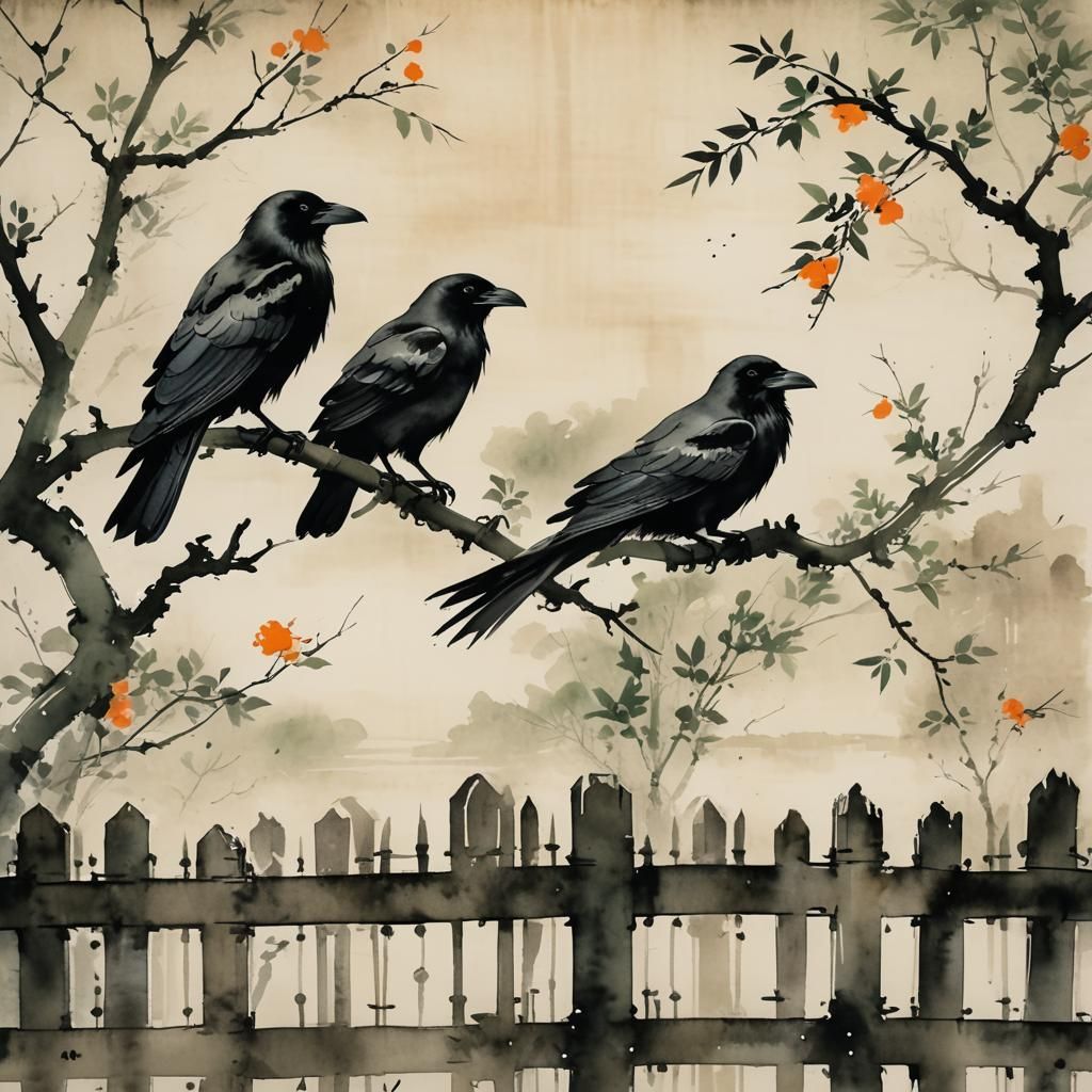 Ravens on Fence in Chinese Ink Wash Painting