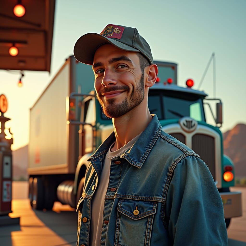 Happy Box Truck Driver at Truck Stop, Fantasy Art