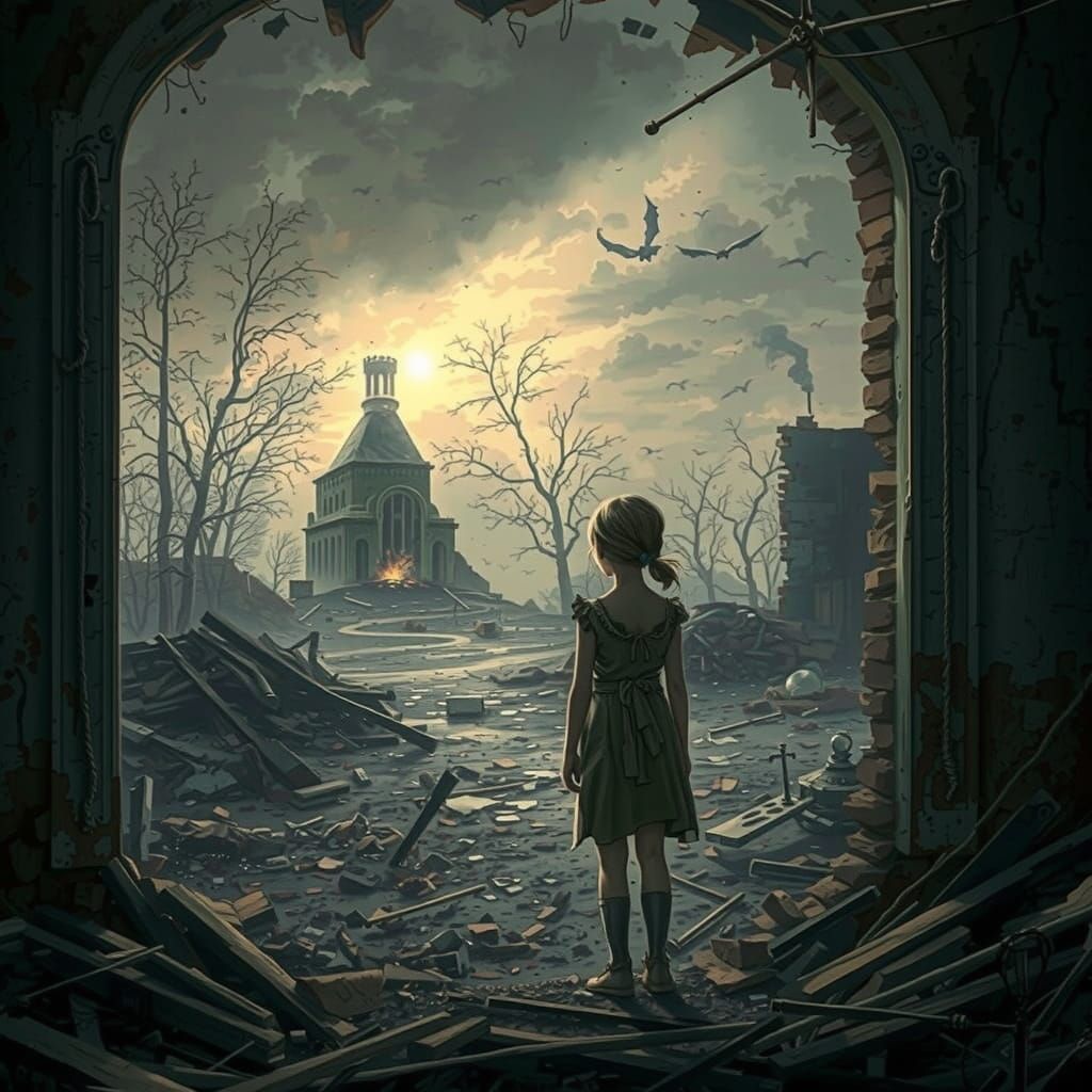 Desolate Girl in a War-Torn Landscape