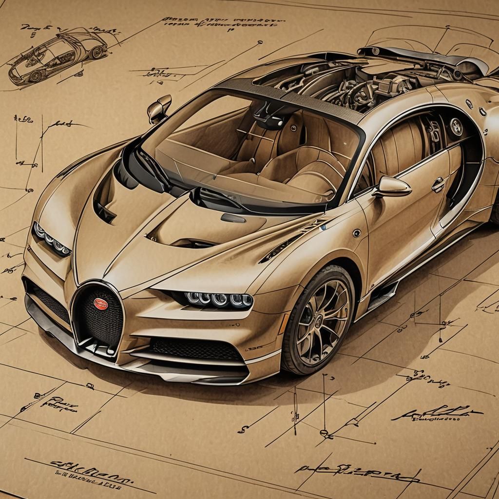 Bugatti Chiron Technical Drawings in Vintage Style