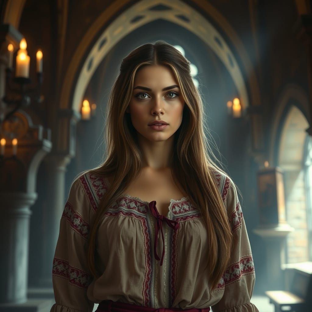 Transylvanian Woman in Chapel, in Dark Fantasy Style