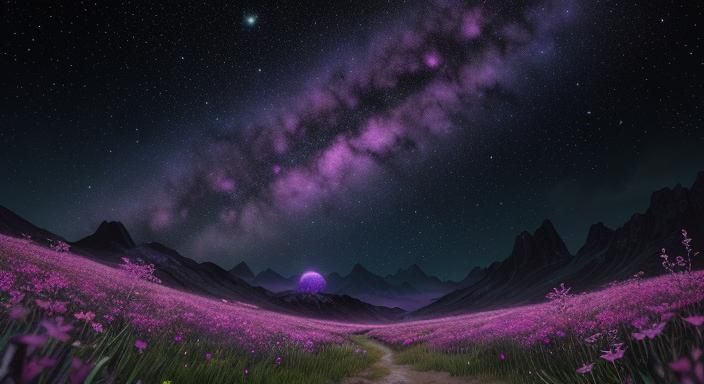 Magenta Bioluminescent Wildflower Field Under Cosmic Sky