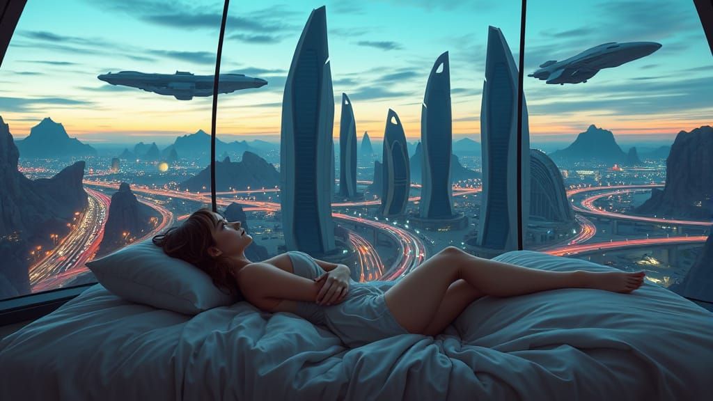 Futuristic Bedroom View of Coruscant Cityscape