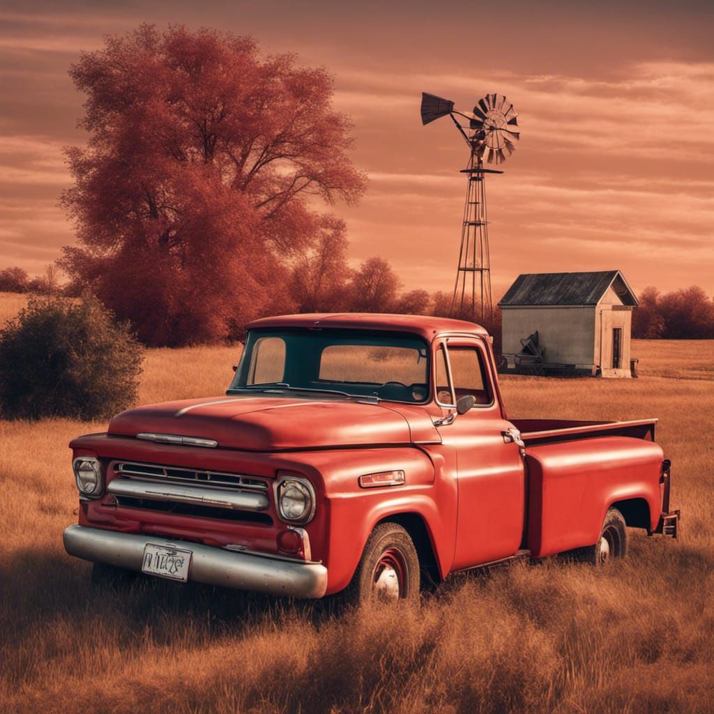 Vintage Red Truck and Windmill at Golden Hour