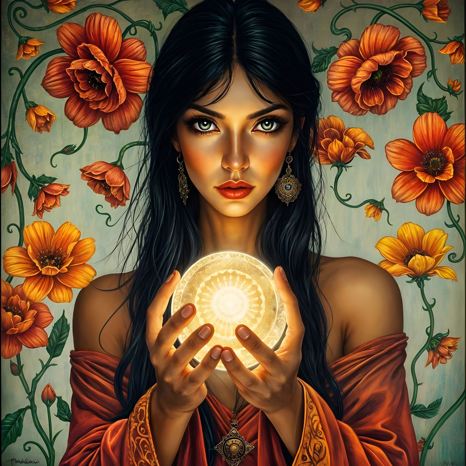 Gypsy Woman Portrait with Tarot, in Surrealist Style