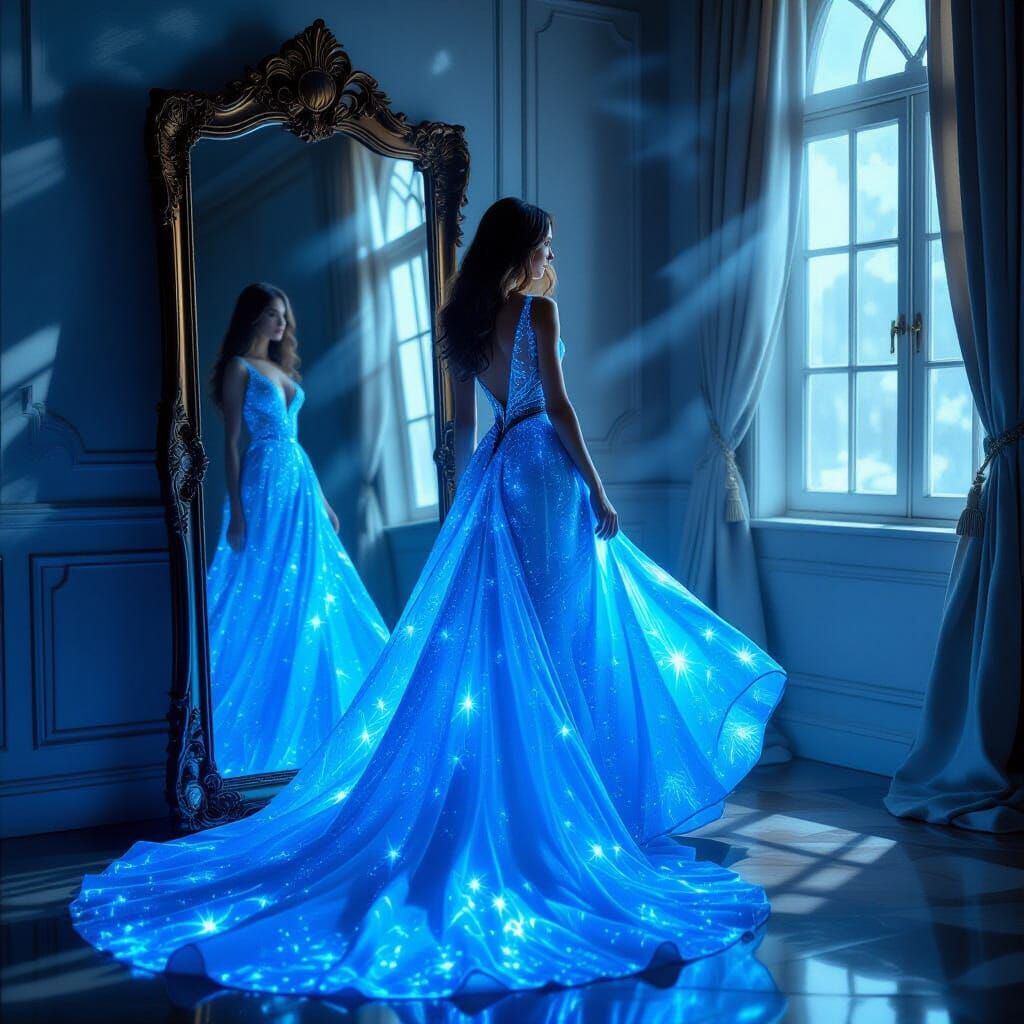 Woman in Bioluminescent Blue Gown Reflected in Antique Mirro...