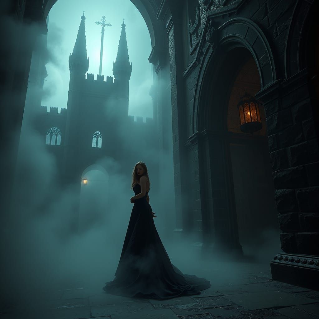 Eerie Mist Enshrouds Woman in Gothic Castle