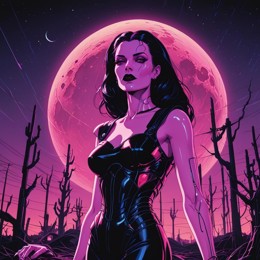 Synthwave Vampire's Neonlit Romance in Wheat Field