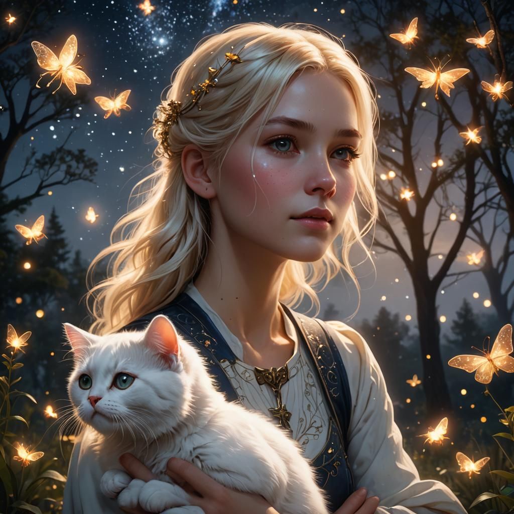 Girl and Kitty Watching Fireflies in Starlight