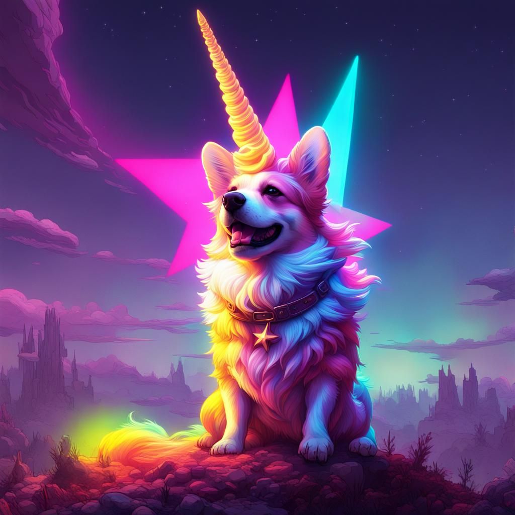 Neon Rainbow Corgi Unicorn in Cyberpop Style