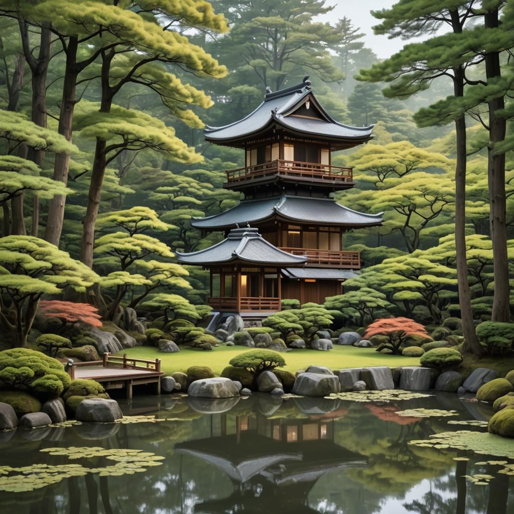Japanese Pagoda House in Forest Setting