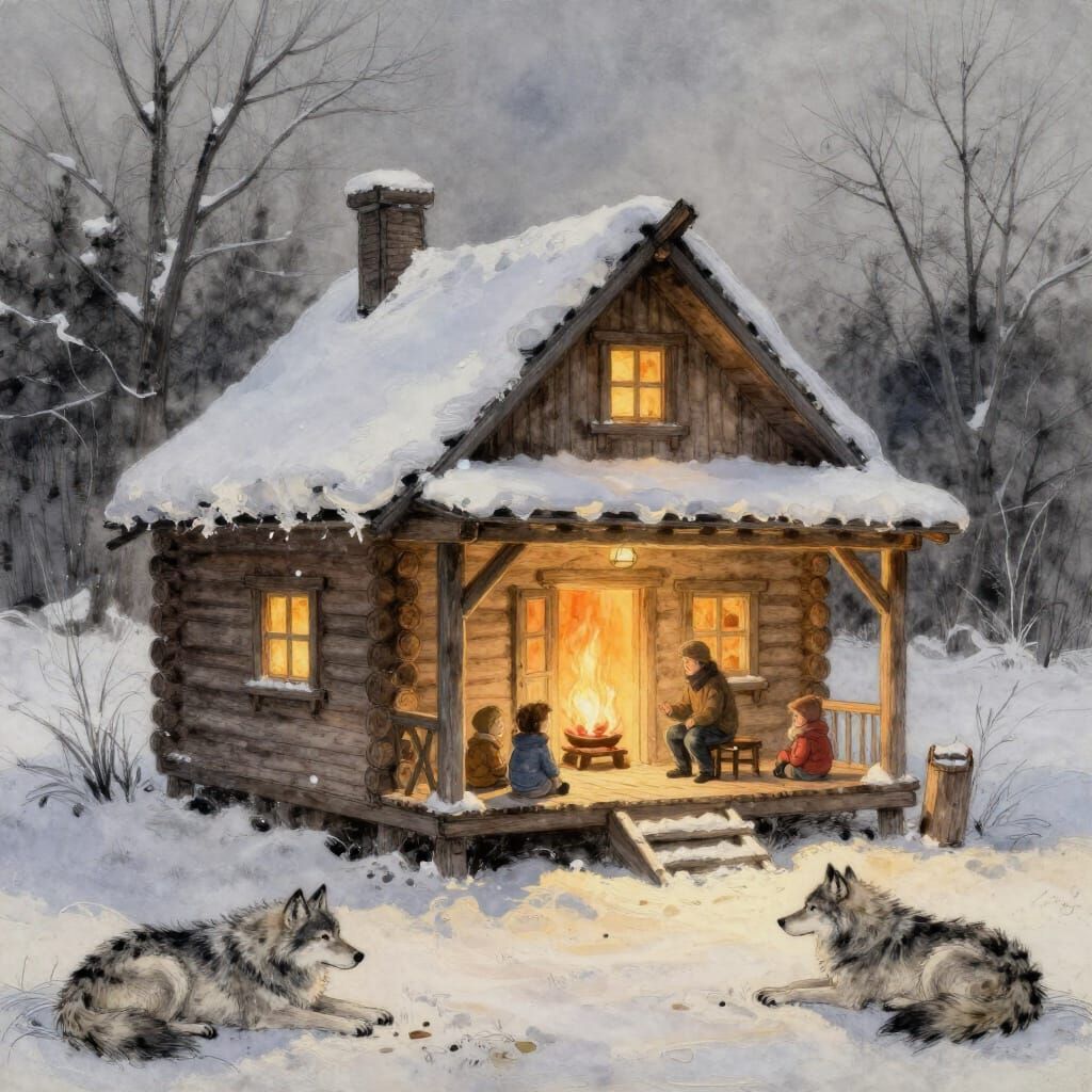 Cozy Winter Cabin Scene with Storyteller and Wolves