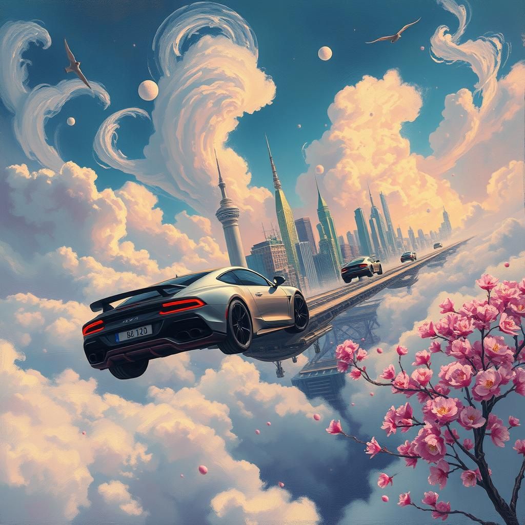a surreal abstract distorted mixed media portrait of a floating city, flying cars, clouds, and falling flowers, abstr...