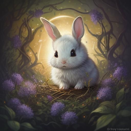 Baby Bunny in Moonlit Garden, Magical Realism