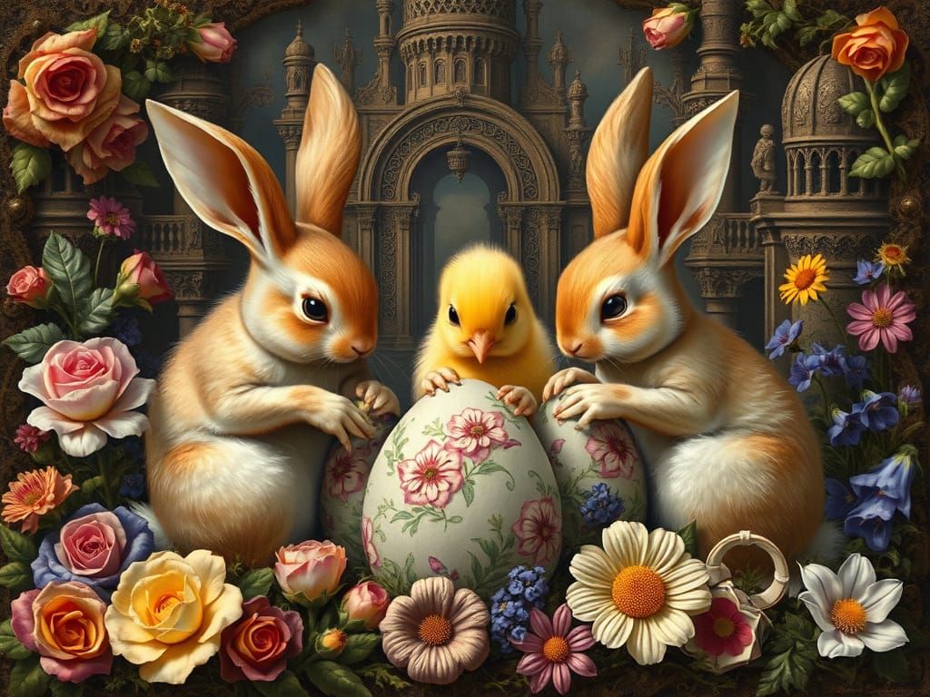 Easter Bunnies Decorating Eggs in Renaissance Setting