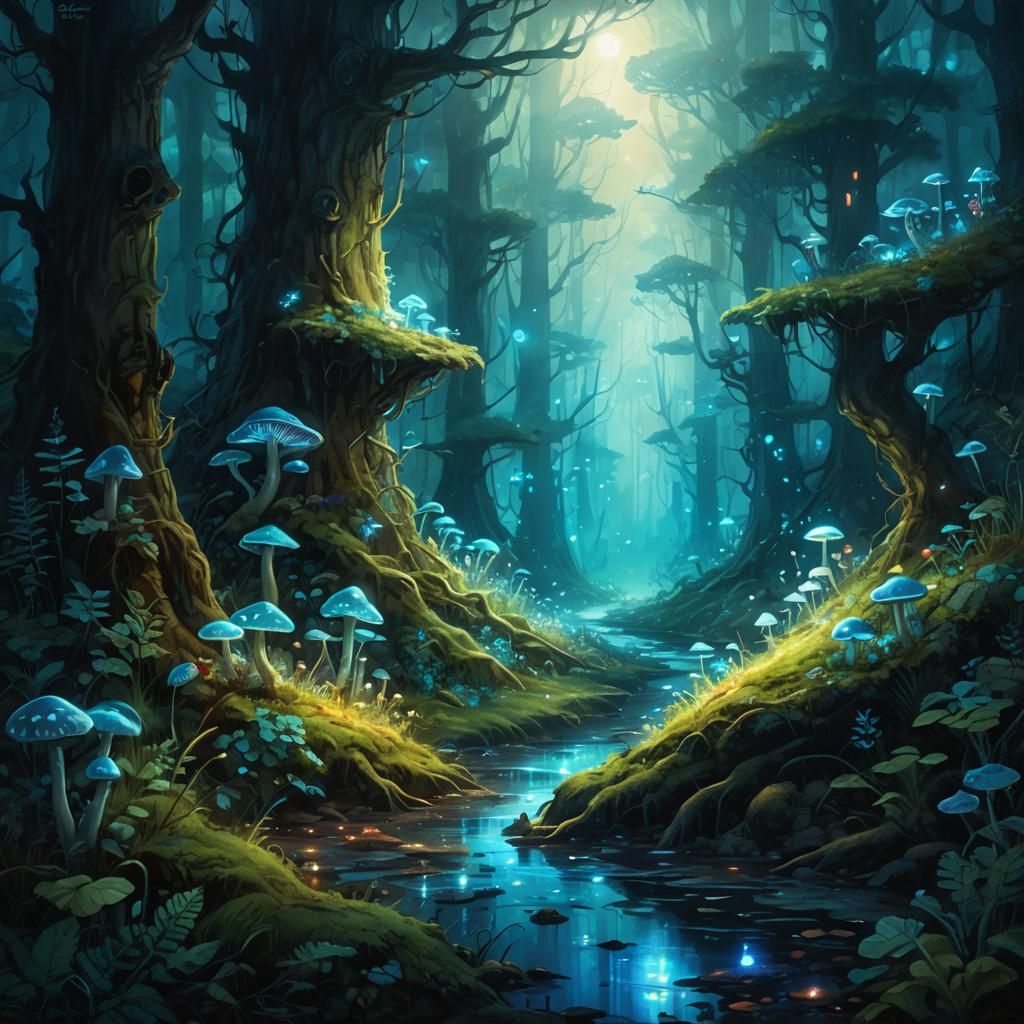 Bioluminescent Fantasy Forest in Vibrant Oil Painting