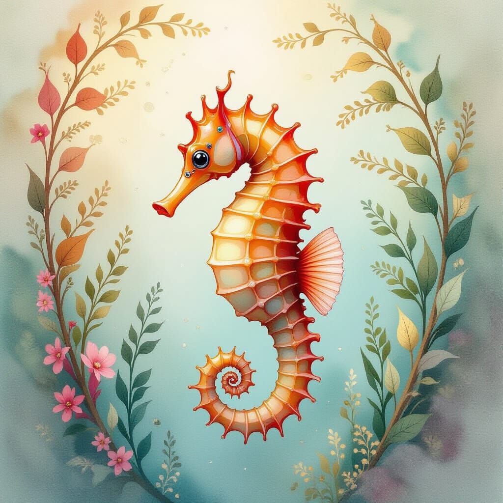Seahorse in Flowing Attire Among Underwater Plants