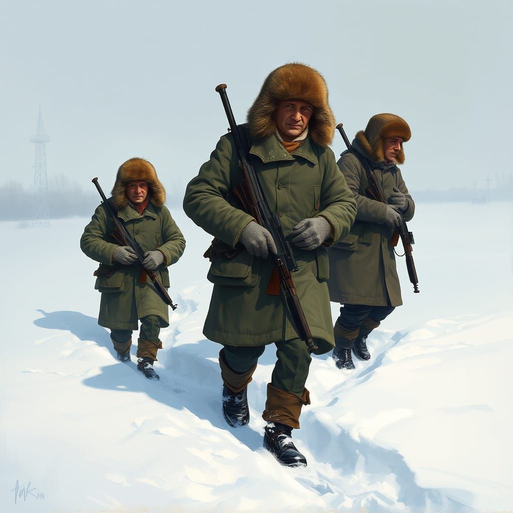 Siberian Soldiers in Winter Landscape as Digital Painting