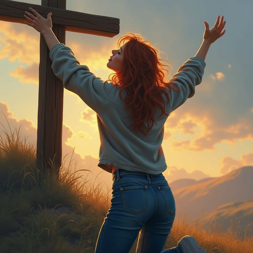 Woman Praising at Golgotha in Hyperrealistic Style