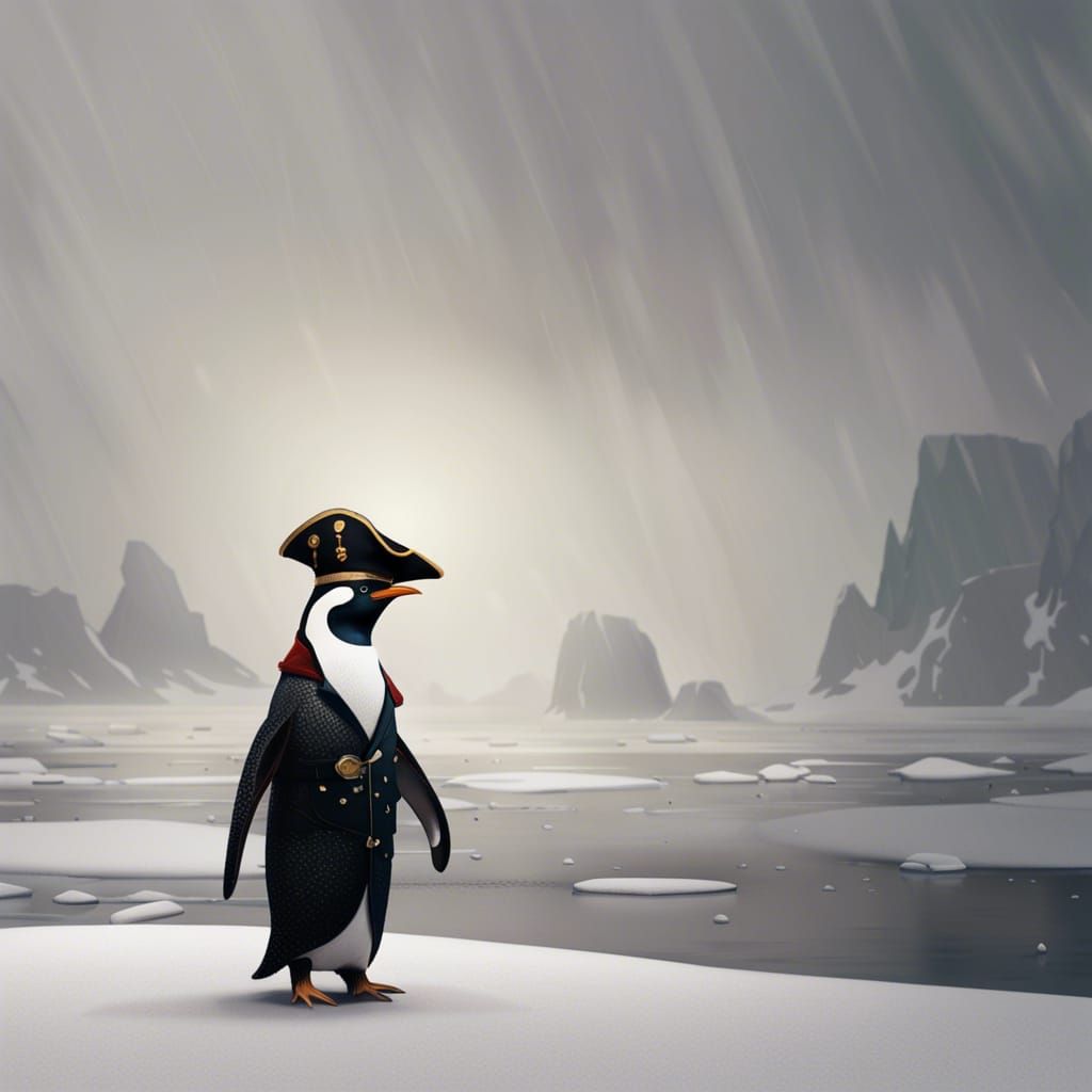 Pirate Penguin on Snowy Antarctic Beach