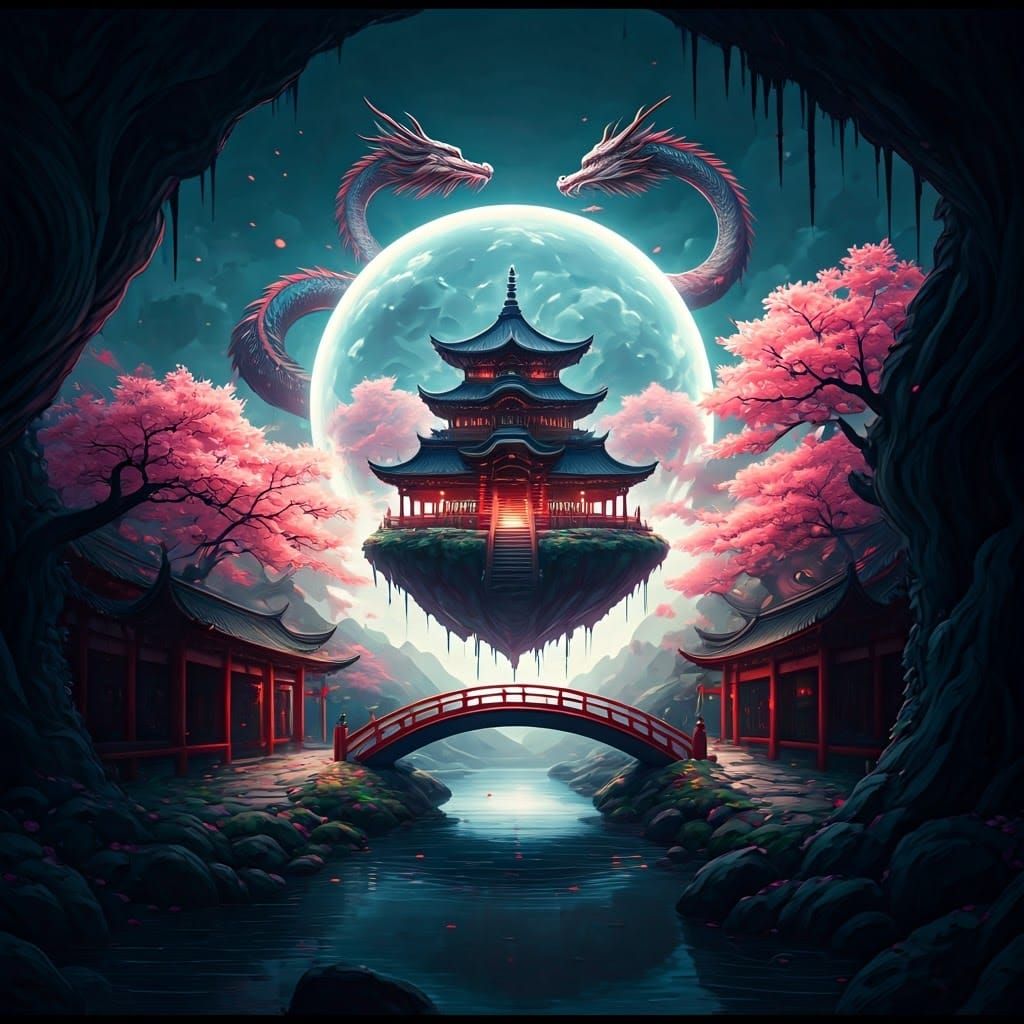 Ethereal Japanese Temple in Fantasy Landscape